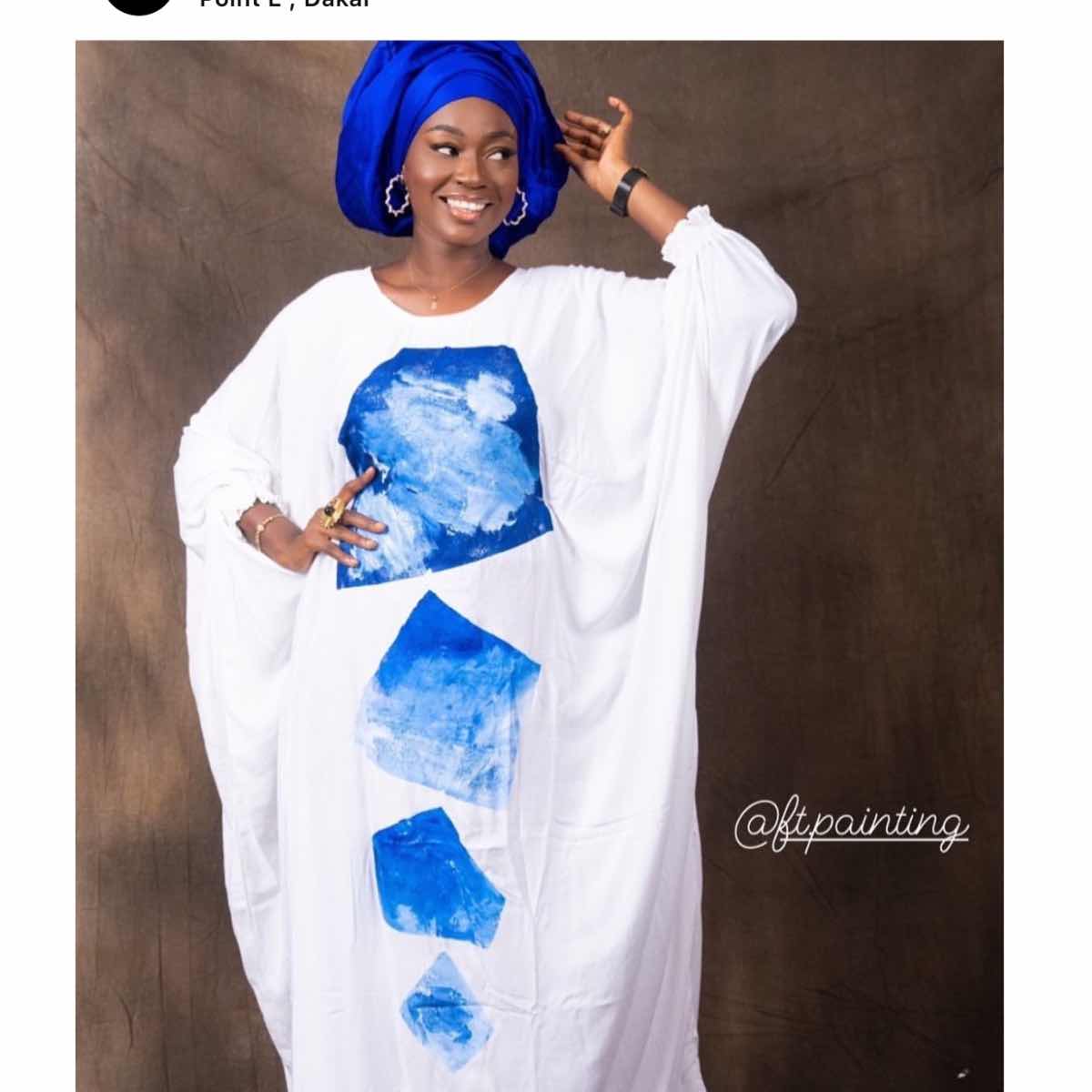 Boubou blanc femme peint à la main avec foulard