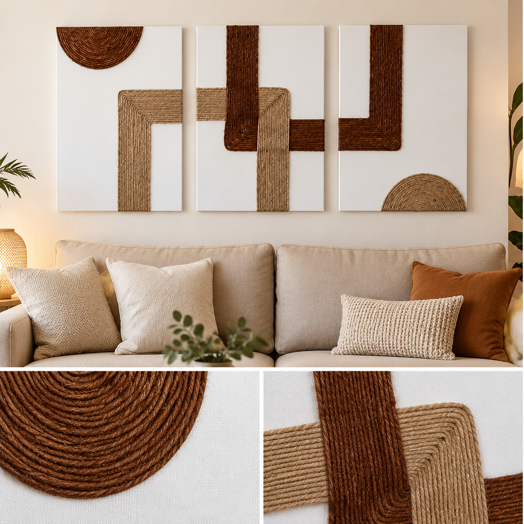 Lot de 3 Tableaux Décoratifs Géométriques en Corde Naturelle