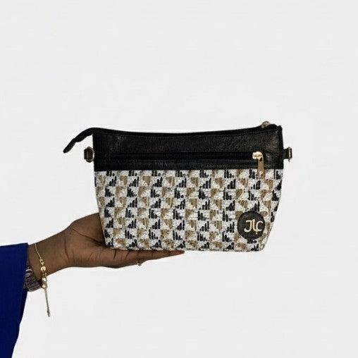 Sac pochette raphia chic noir et beige