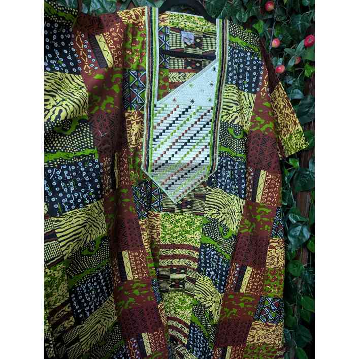 Boubou wax femme vert motifs en coton brodée