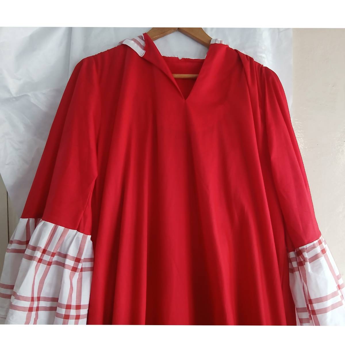 Robe femme coton rouge blanc longue chic décontractée manches 3/4