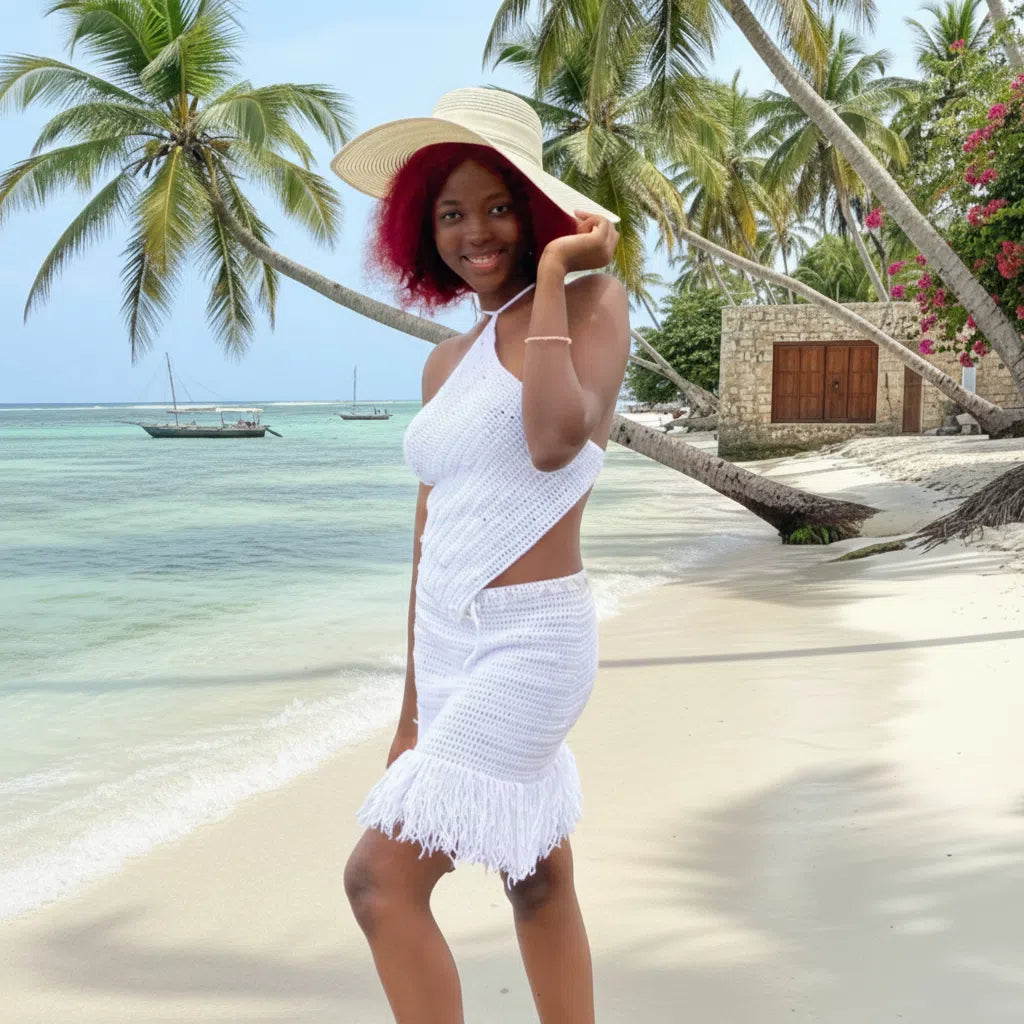 Ensemble de plage blanc en crochet top et jupe