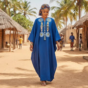 Boubou Femme Bleu Brodé Lin - Élégance Artisanale Sénégalaise