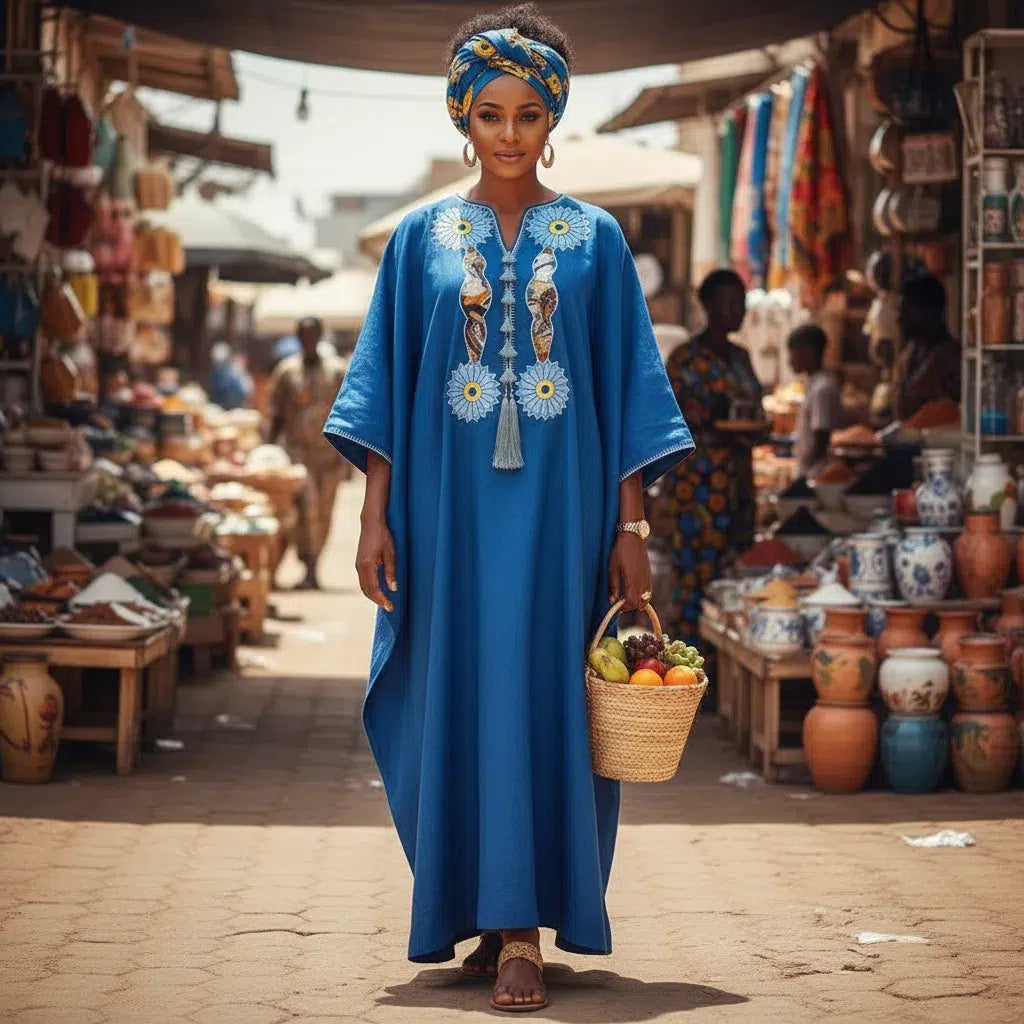 Boubou Femme Bleu Brodé Lin - Élégance Artisanale Sénégalaise