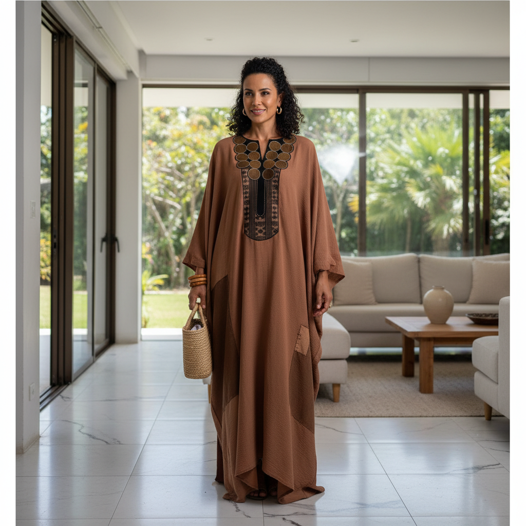 Boubou en Lin Artisanal Marron - Élégance Bohème Chic