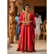 Boubou Rouge Artisanale Brodé en Pagne - Élégance Africaine