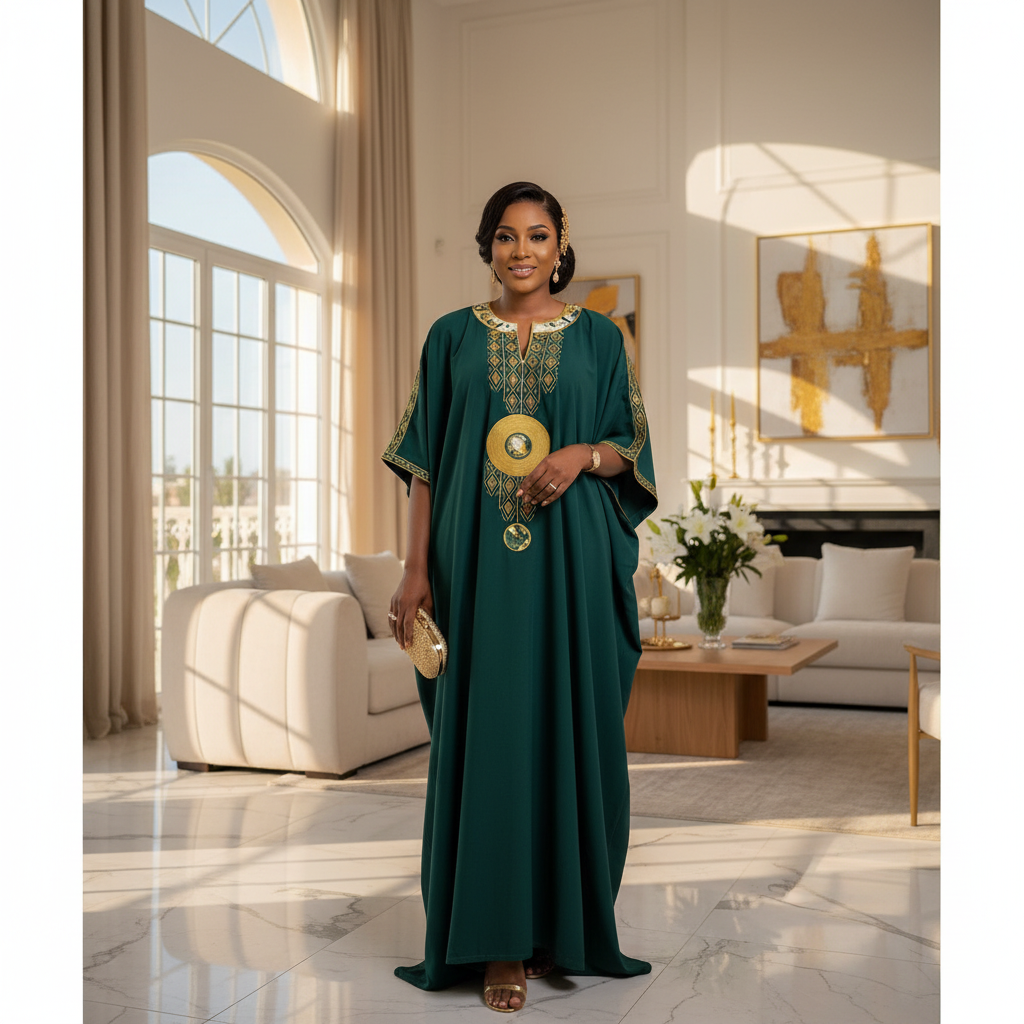 Robe Boubou Chanel Femme Vert Doré - Élégance Ethnique Prestige