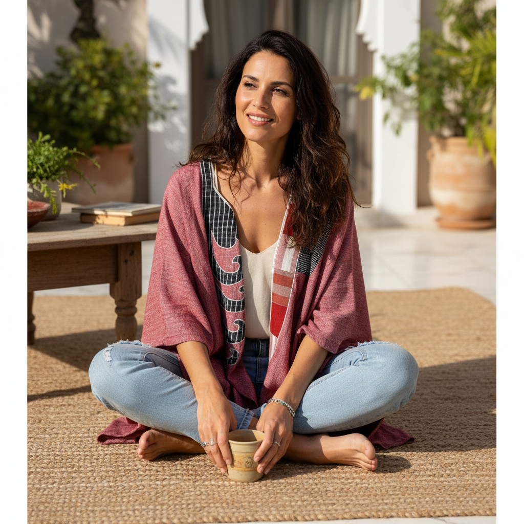 Cardigan femme lin bohème patchwork africain – Élégance artistique