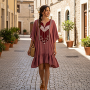 Robe Courte Lin Rouge Brique Patchwork - Élégance Bohème Chic