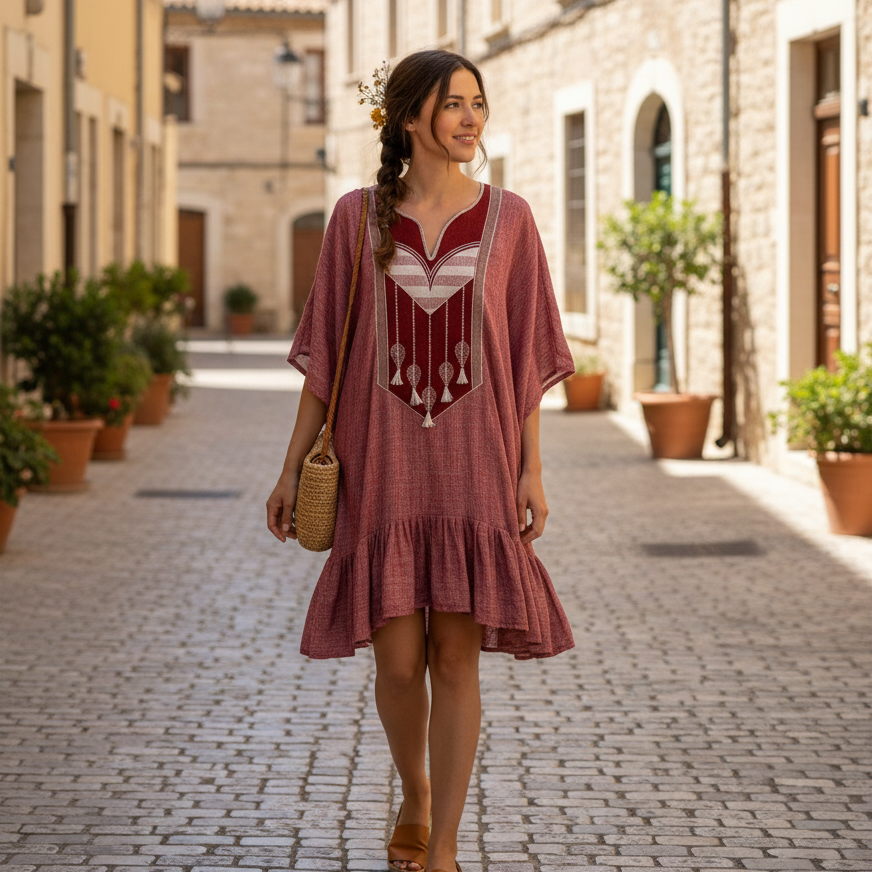 Robe Courte Lin Rouge Brique Patchwork - Élégance Bohème Chic