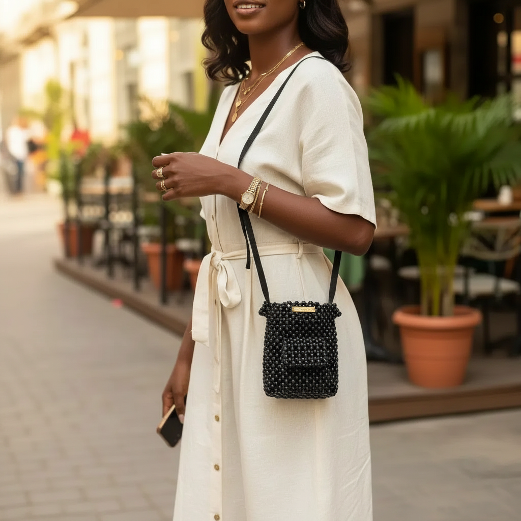 Sac Bandoulière Noir à Perles - Élégance Bohème Artisanale