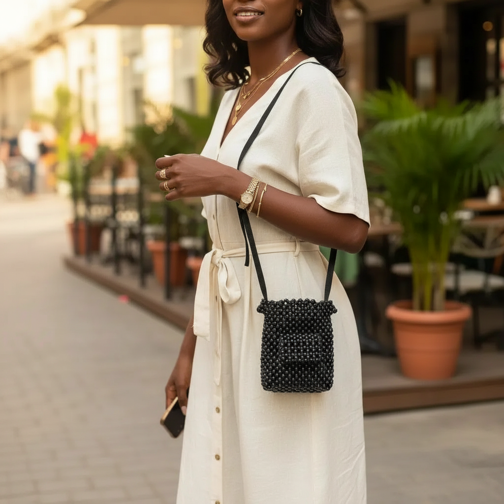 Sac Bandoulière Noir à Perles - Élégance Bohème Artisanale
