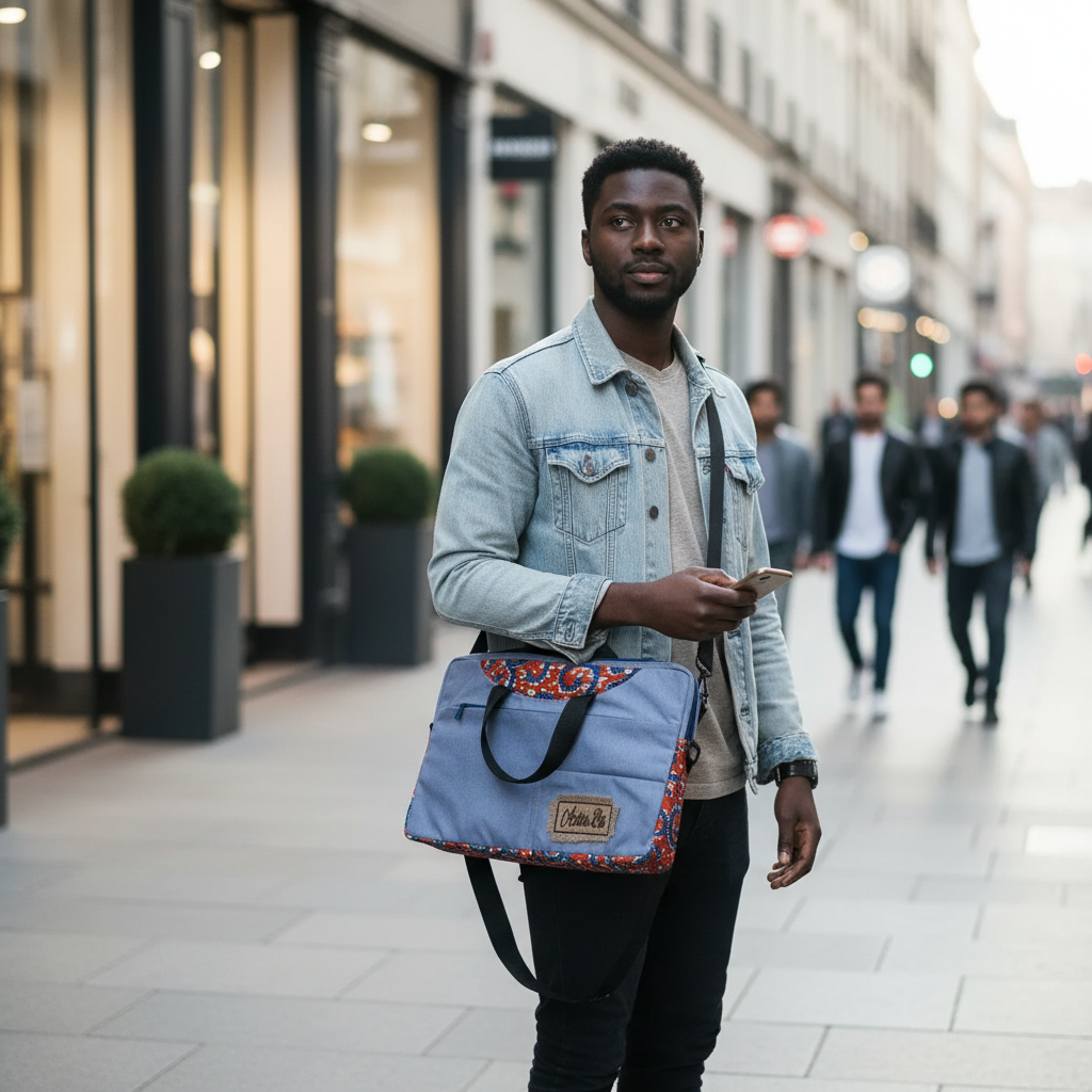 Sac Ngaparou en Denim et Wax - Élégance Artistique Spacieuse