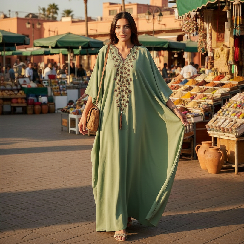 Robe Boubou Coton Artisanal Vert Sauge - Style Éthnique Été