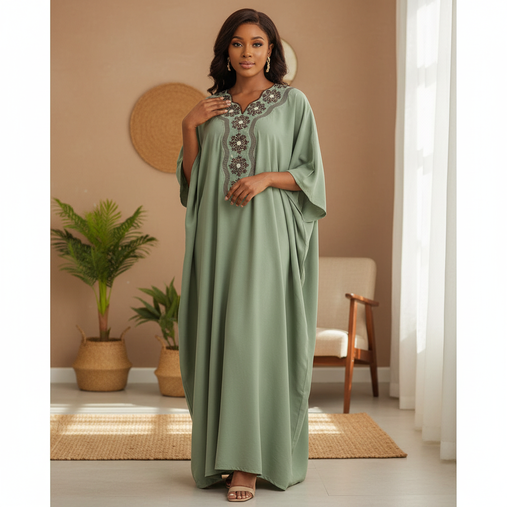 Robe Longue Vert Sauge Coton Suisse - Raffinement Brodé
