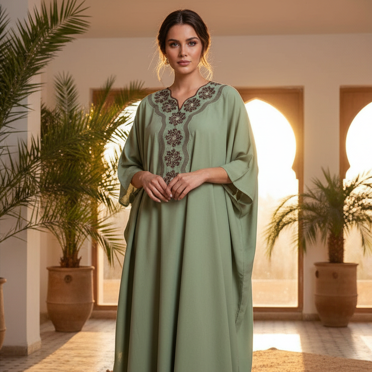 Robe Longue Vert Sauge Coton Suisse - Raffinement Brodé
