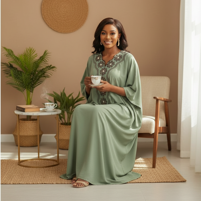 Robe Longue Vert Sauge Coton Suisse - Raffinement Brodé