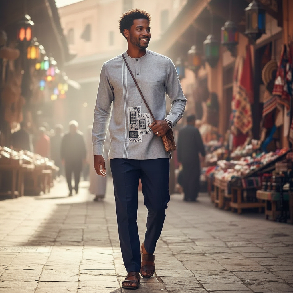 Chemise Homme Lin Gris Brodée - Élégance Artisanale Ethnique