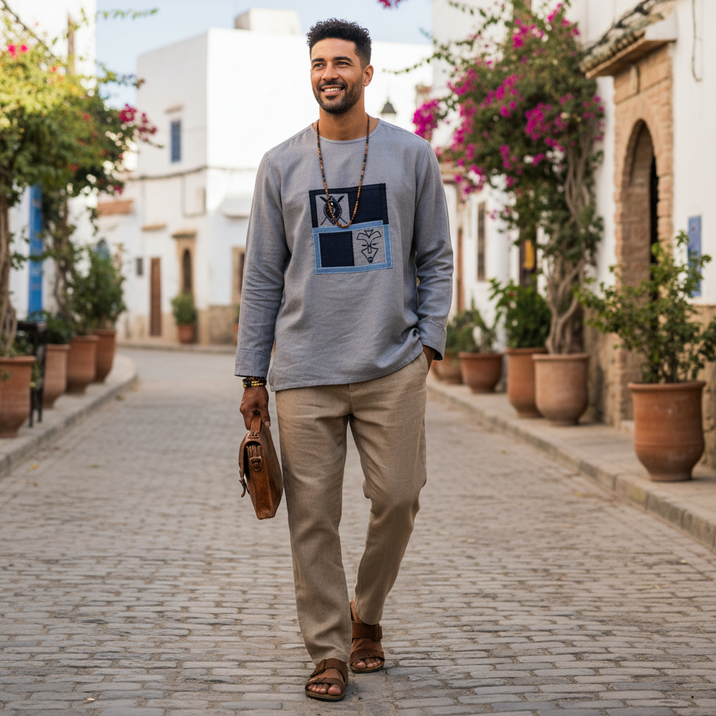 Chemise Grise Lin et Coton Patchwork - Élégance Ethnique Chic