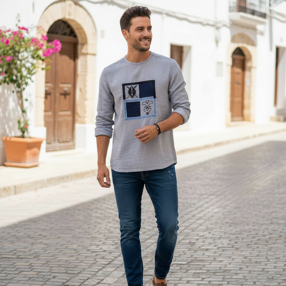 Chemise Grise Lin et Coton Patchwork - Élégance Ethnique Chic