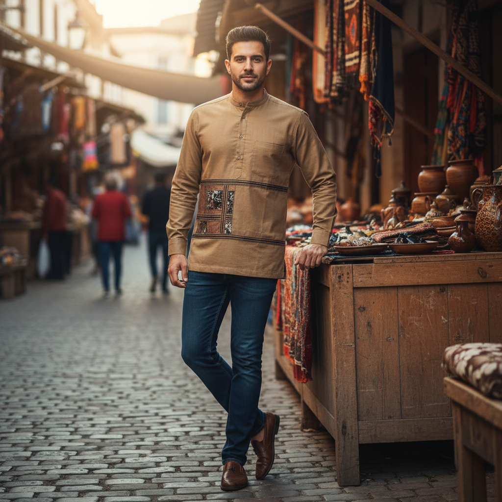 Chemise Homme Brodée Coton Marron - Style Unique et Confort Intemporel