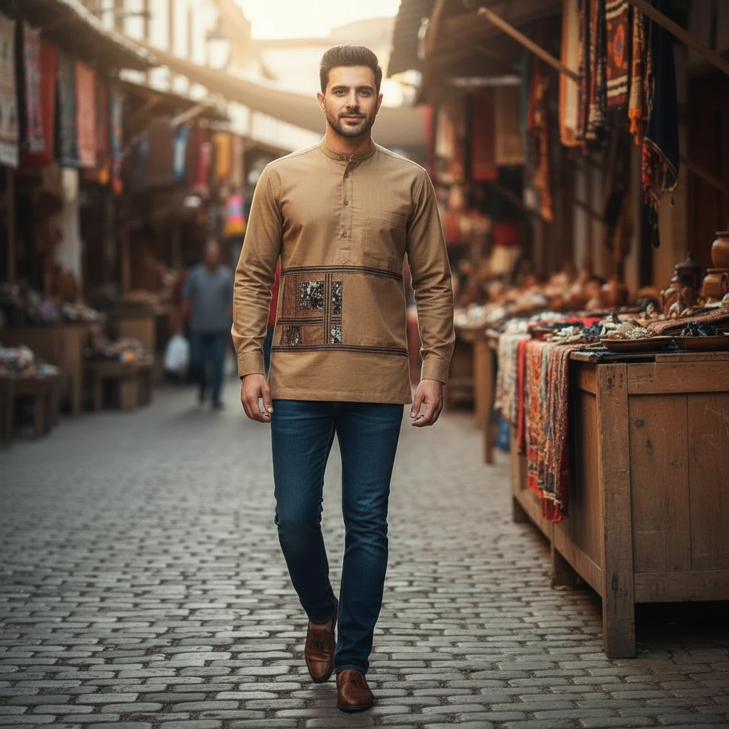 Chemise Homme Brodée Coton Marron - Style Unique et Confort Intemporel