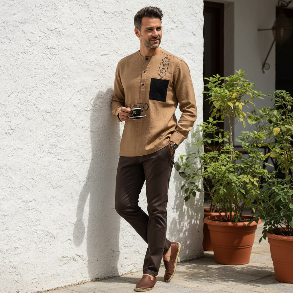 Chemise Lin Homme Camel - Élégance Géométrique Moderne