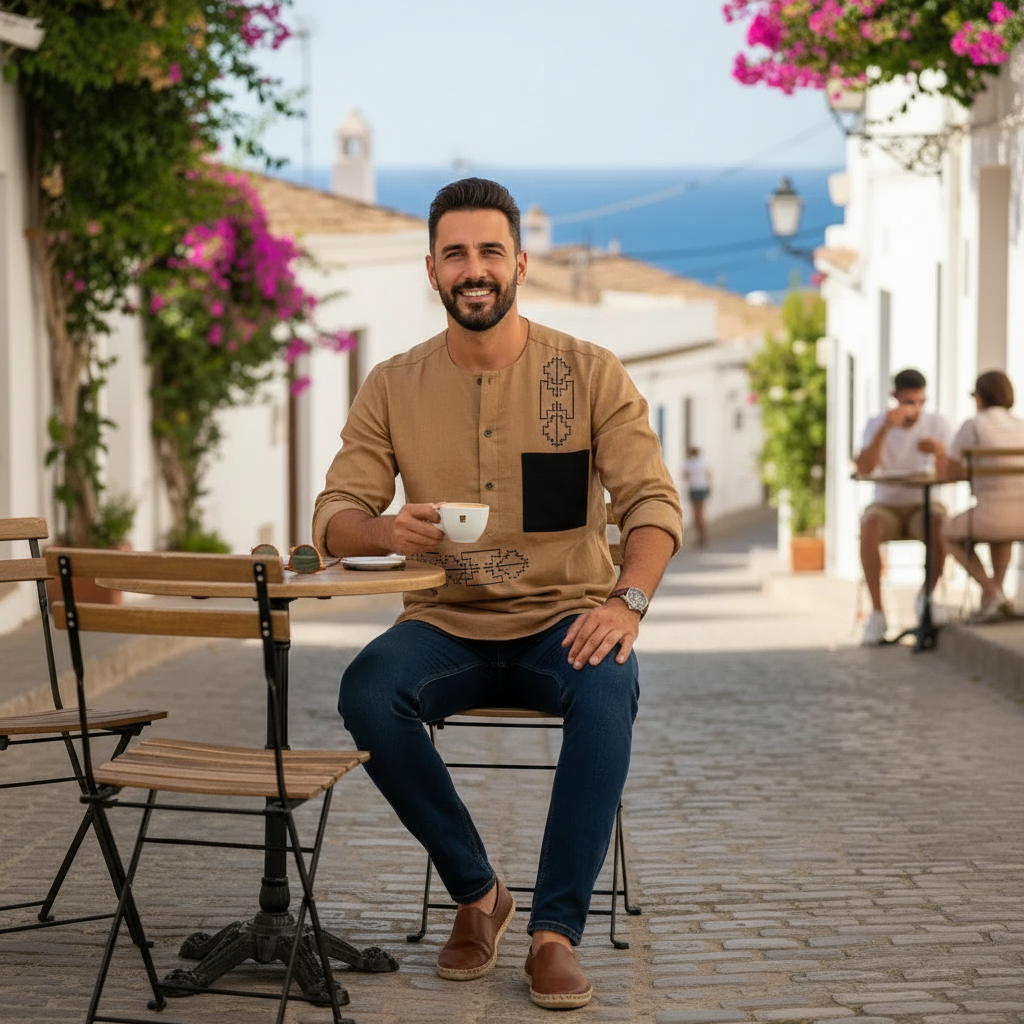 Chemise Lin Homme Camel - Élégance Géométrique Moderne
