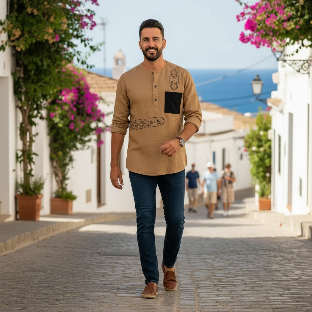 Chemise Lin Homme Camel - Élégance Géométrique Moderne