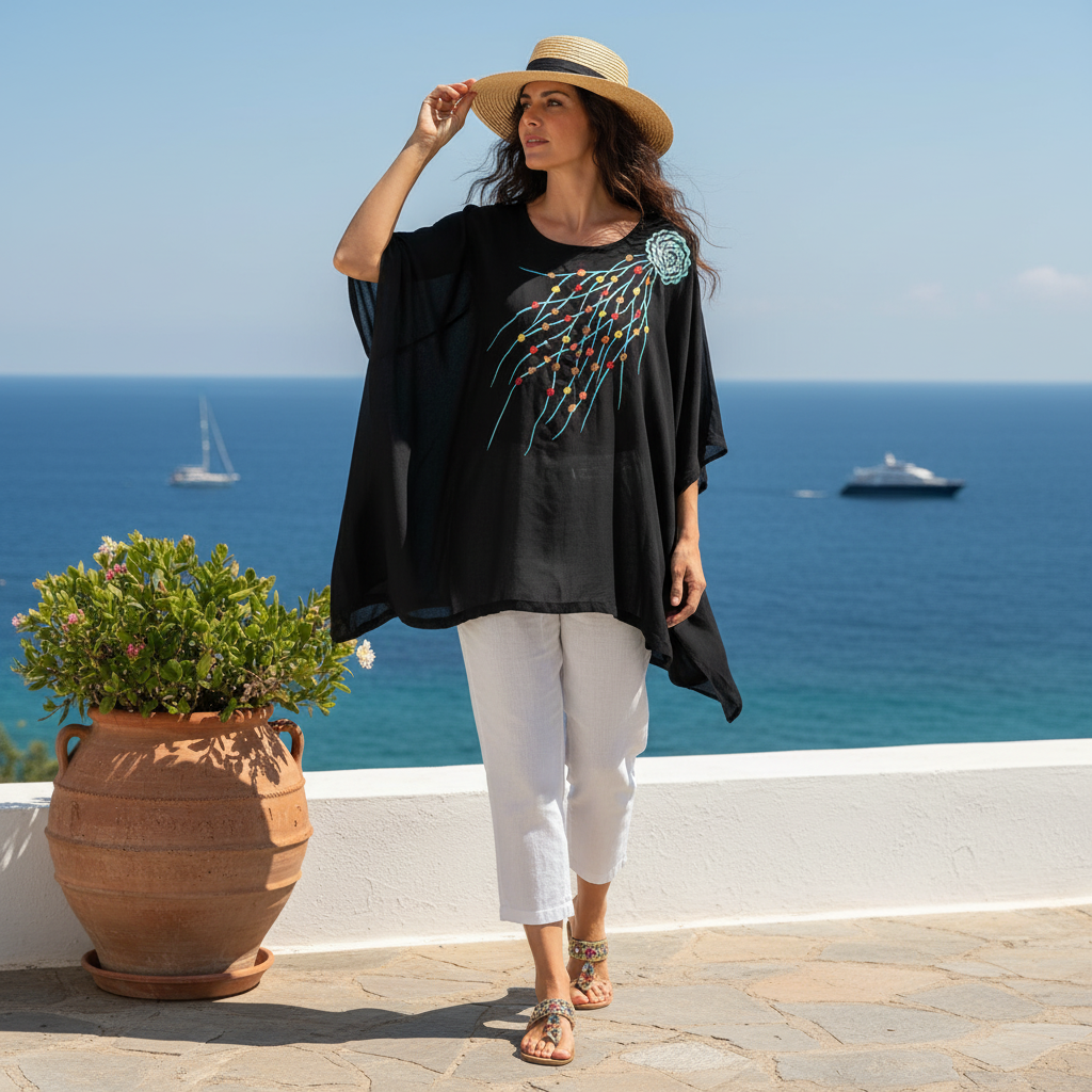Tunique Femme Brodée Noir en Mousseline - Élégance Bohème