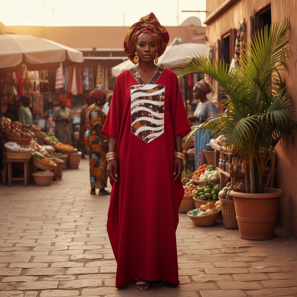Robe Longue Wax Rouge - Élégance Culturelle et Confort Moderne