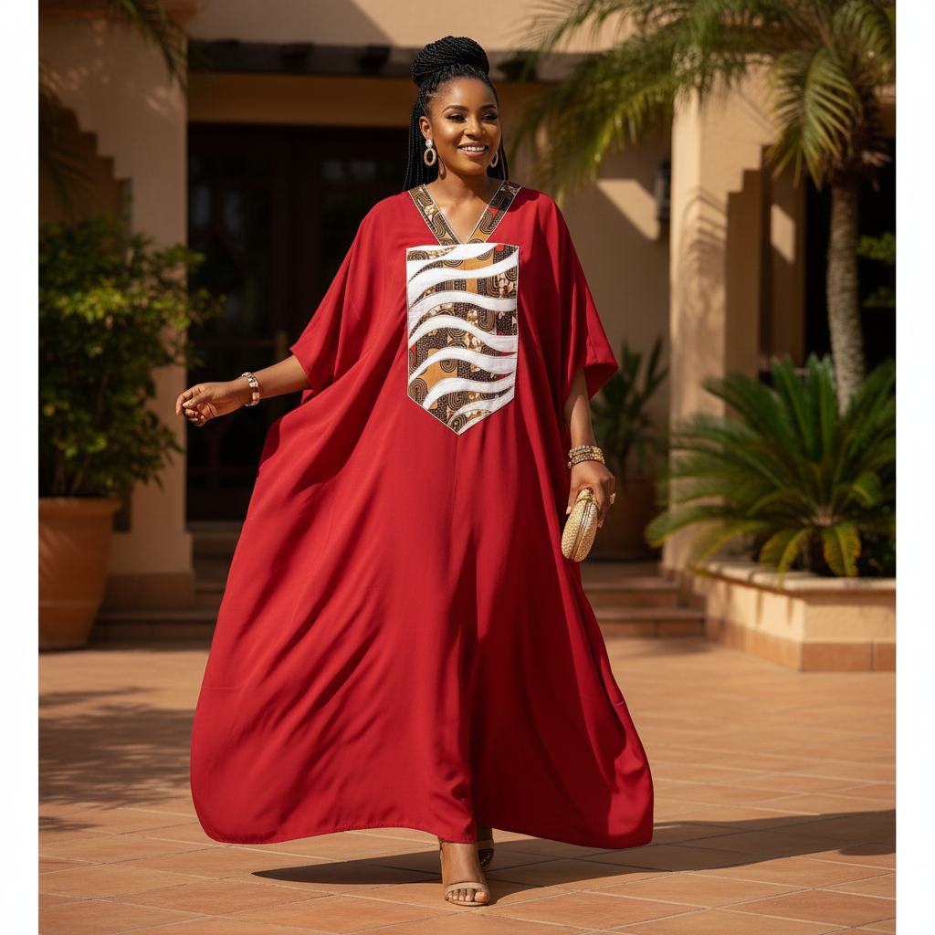 Robe Longue Wax Rouge - Élégance Culturelle et Confort Moderne