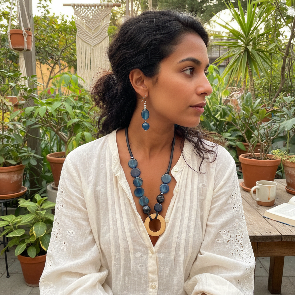 Collier Agate Bleu Artisanal - Élégance Bohème Chic et Originalité