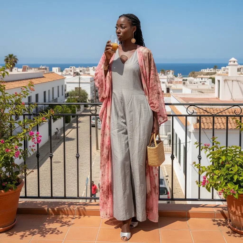 Ensemble Kimono Floral Rose et Robe Longue Grise - Élégance Décontractée