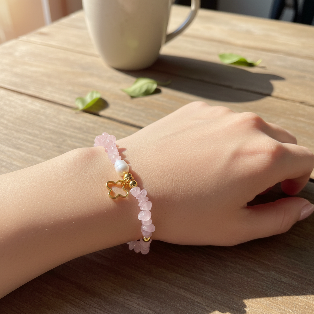 Bracelet Charme Quartz Rose et Perle - Élégance Douce