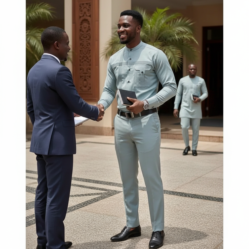 Costume Africain Tissu Satiné Gris Clair - Élégance Moderne Homme