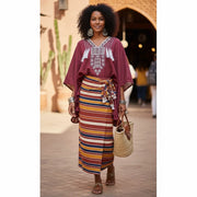 Poncho Bordeaux en Lin Brodé - Style Bohème Éthnique Chic