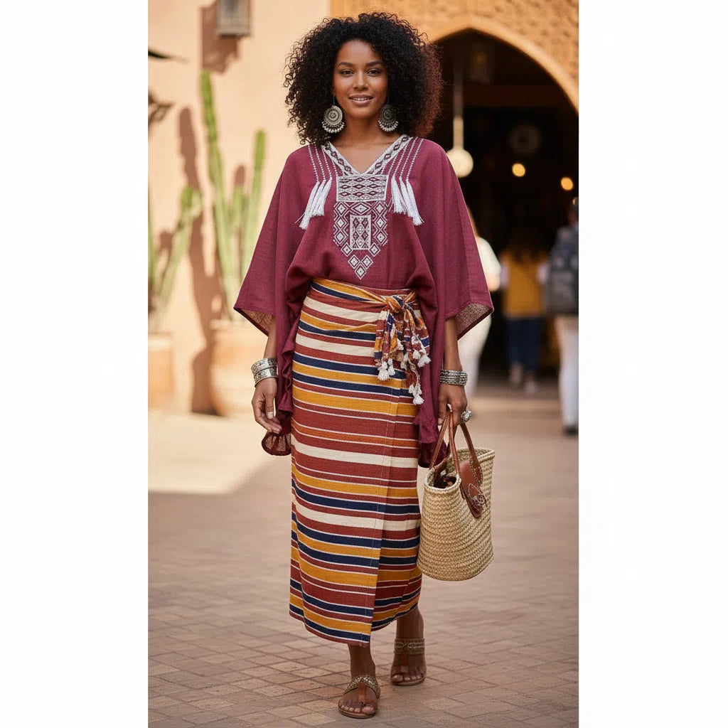 Poncho Bordeaux en Lin Brodé - Style Bohème Éthnique Chic