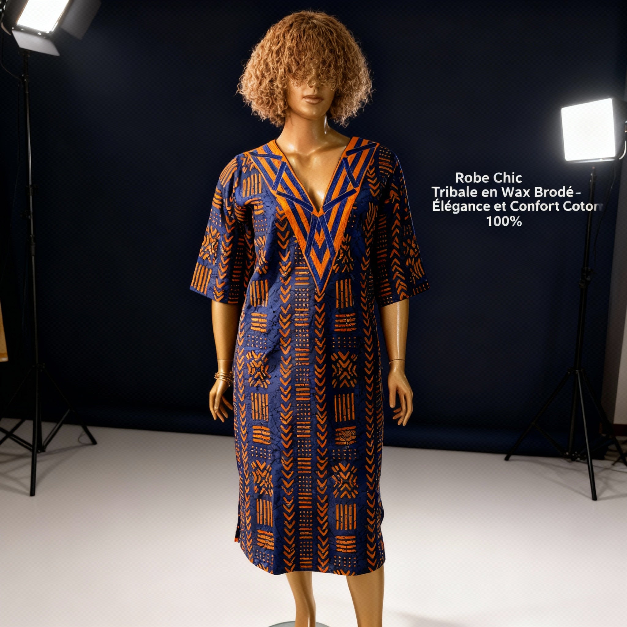 Robe Chic Tribale en Wax Brodé - Élégance et Confort Coton 100%