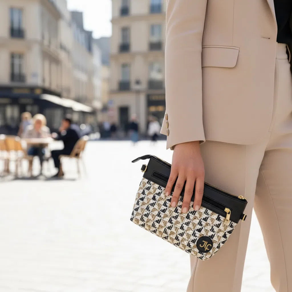 Sac pochette raphia chic noir et beige