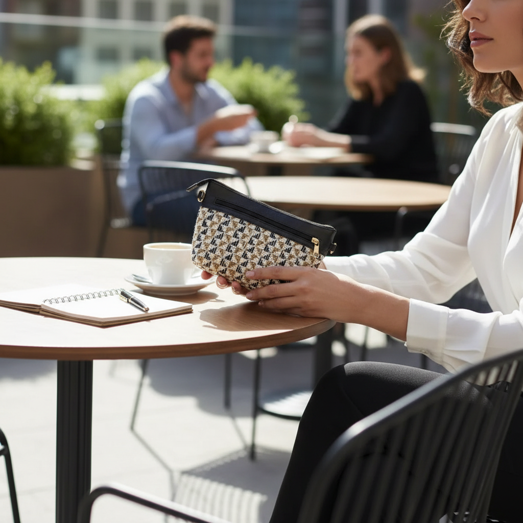 Sac pochette raphia chic noir et beige