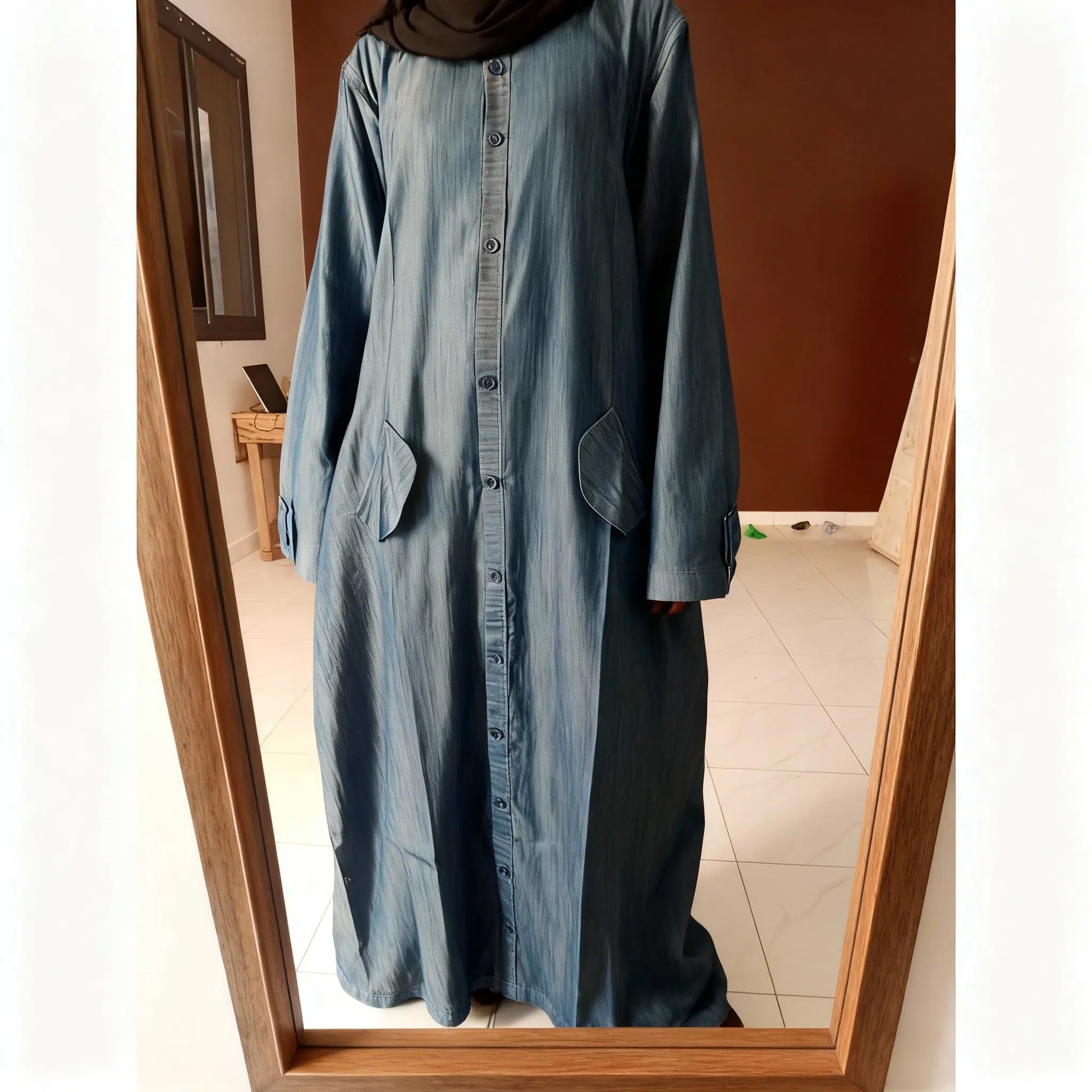 Robe longue jean femme ample bleu, boutonnée, confortable avec poches