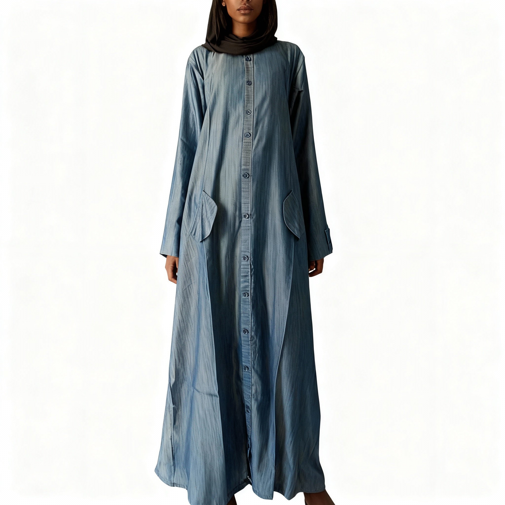 Robe longue jean femme ample bleu, boutonnée, confortable avec poches