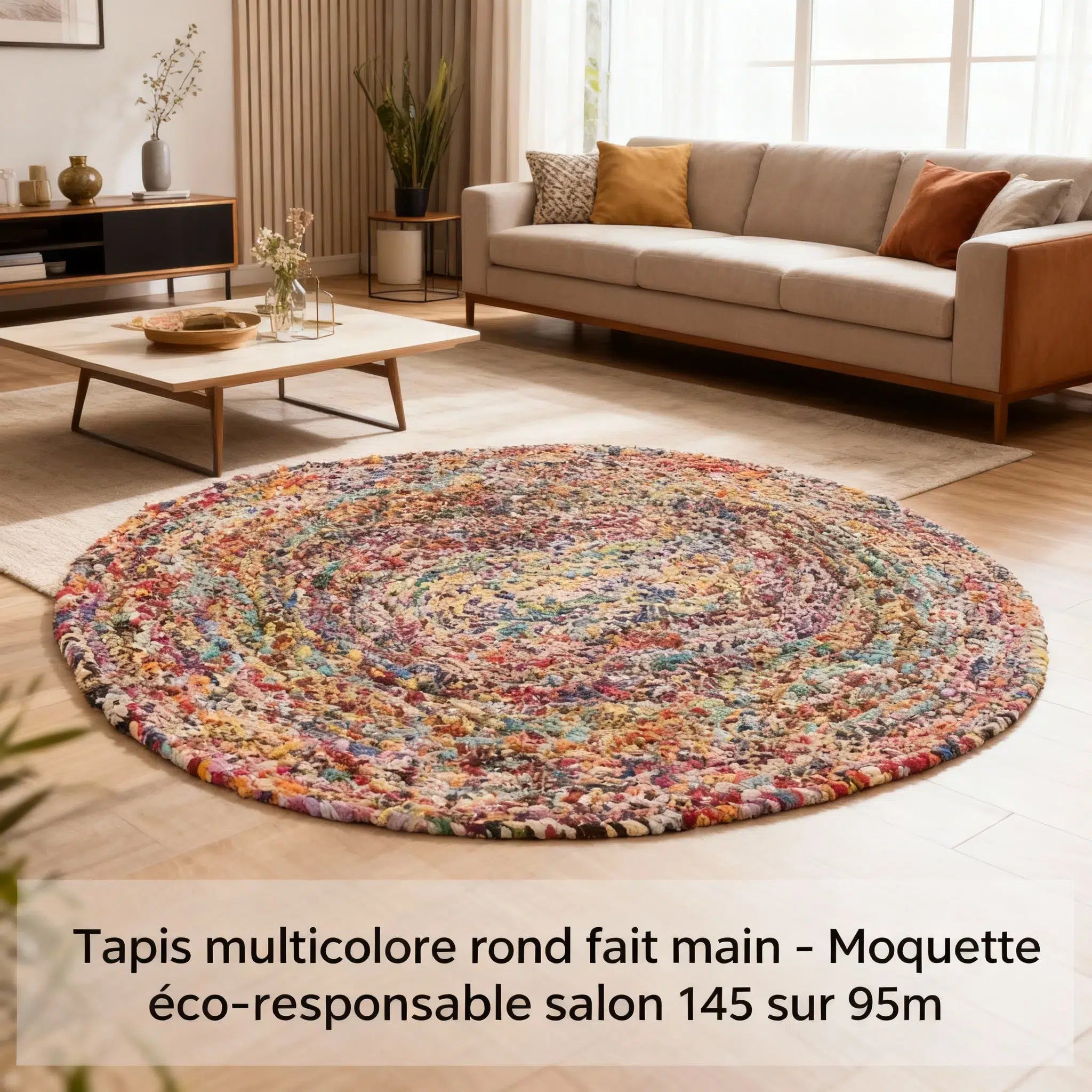 Tapis multicolore rond fait main – Moquette éco-responsable salon 145 sur 95m