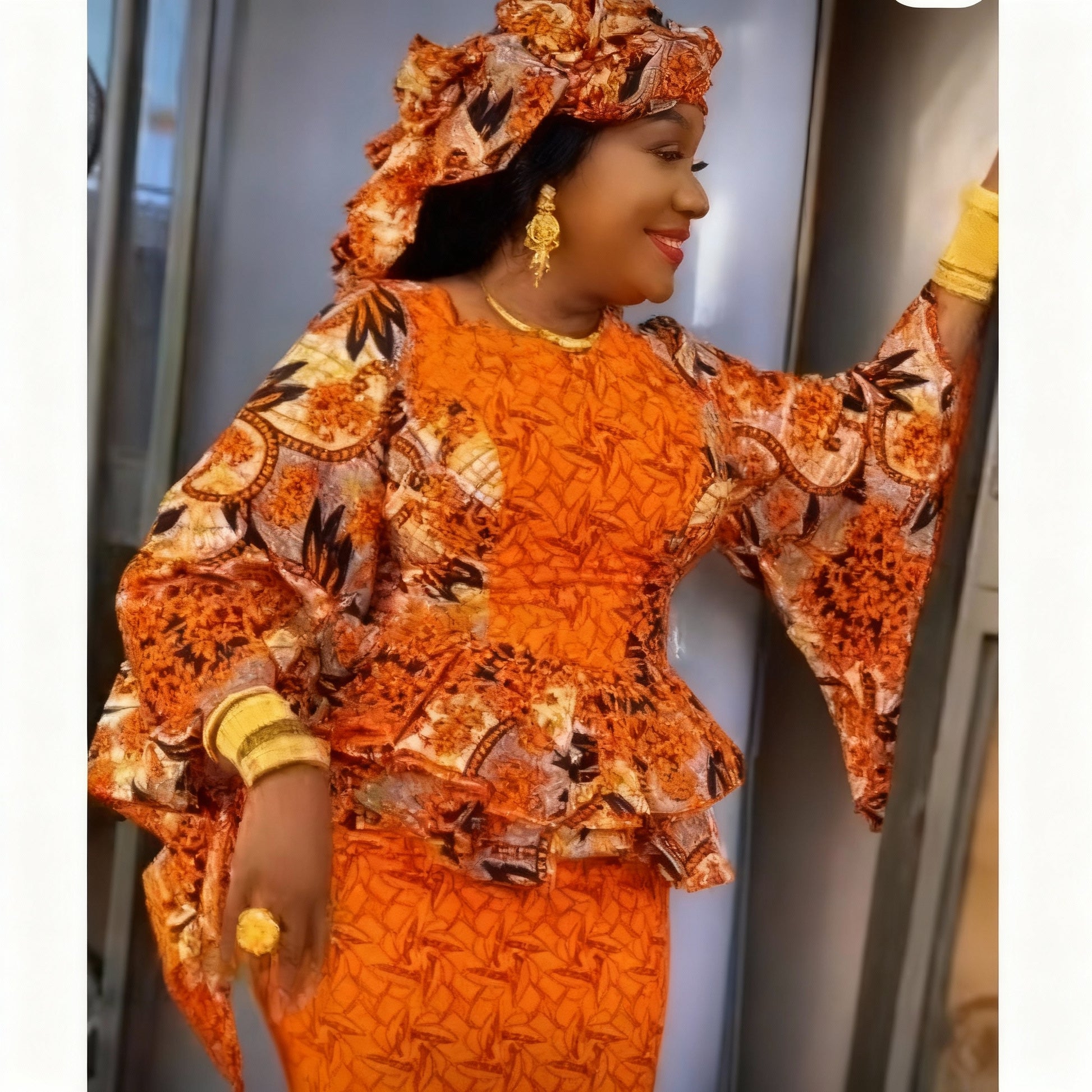 Robe wax africaine femme orange, élégante cérémonie, taille basse festive