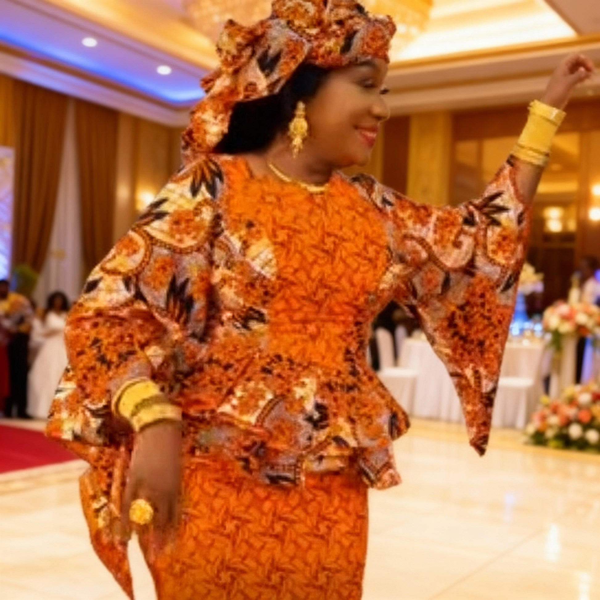 Robe wax africaine femme orange, élégante cérémonie, taille basse festive