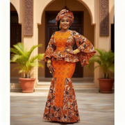 Robe wax africaine femme orange, élégante cérémonie, taille basse festive