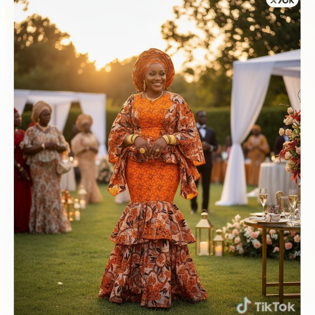 Robe wax africaine femme orange, élégante cérémonie, taille basse festive