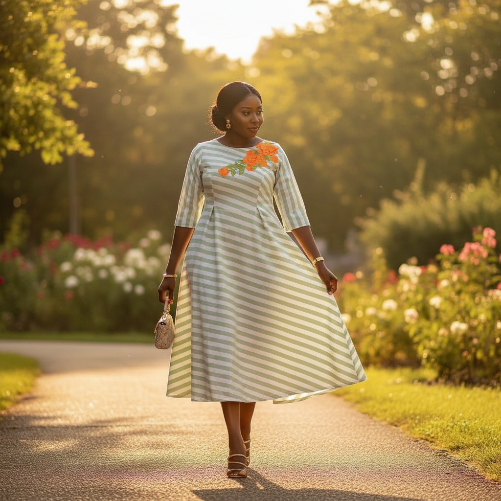 Robe Midi A-Ligne Rayée en Coton - Élégance et Confort