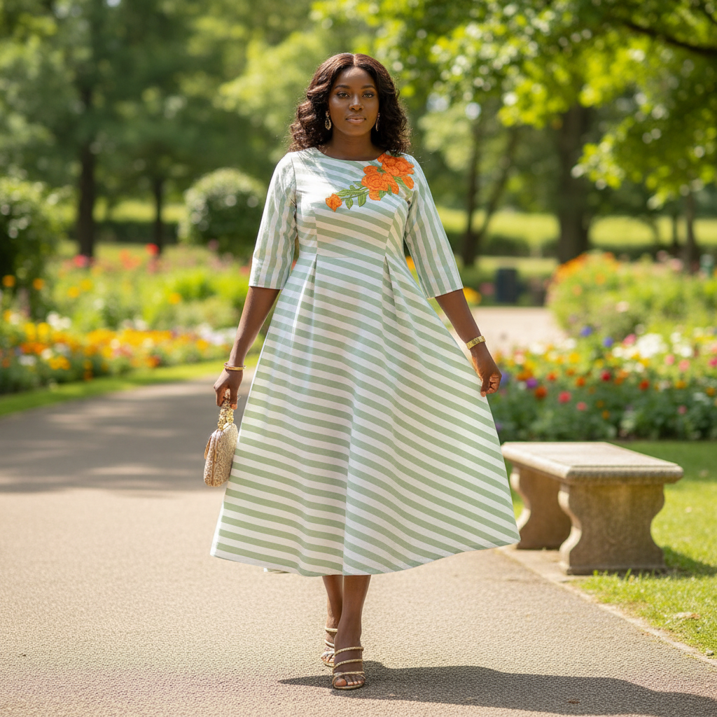 Robe Midi A-Ligne Rayée en Coton - Élégance et Confort